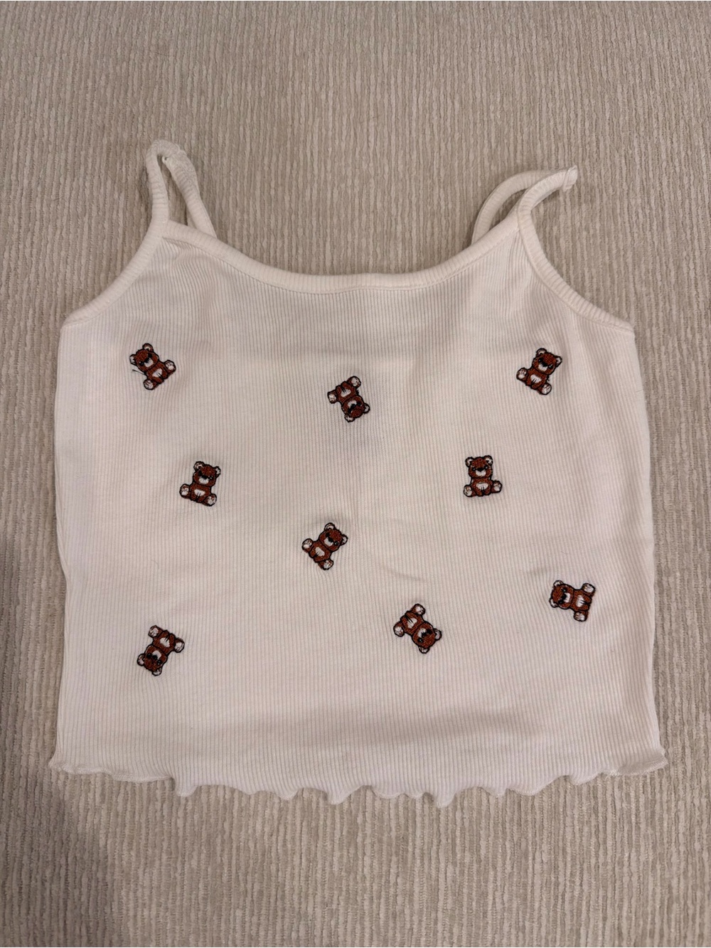 Rue 21 White Ribbed Tank Top with Brown Teddy Bear Embroidery NWOT
